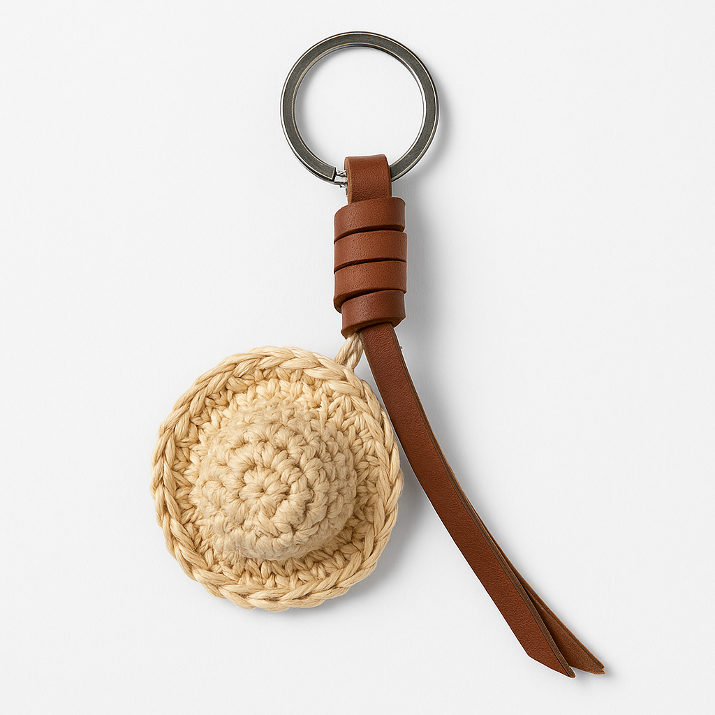 Keychain with woven round charm and brown leather strap on a white background